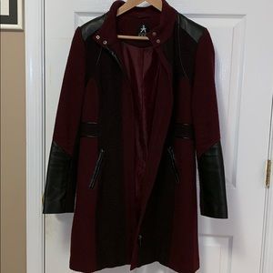 Burgundy Trench Coat with Leather Detail